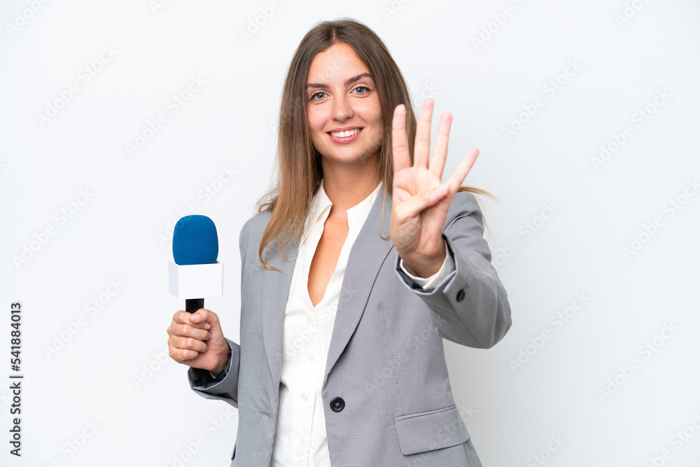 Young TV presenter caucasian woman isolated on white background happy and counting four with fingers Young TV presenter caucasian woman isolated on white background happy and counting four with fingers