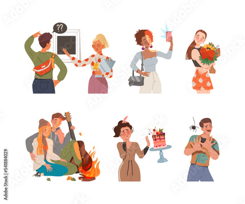 Set of emotional young people in average daily routine situations vector illustration