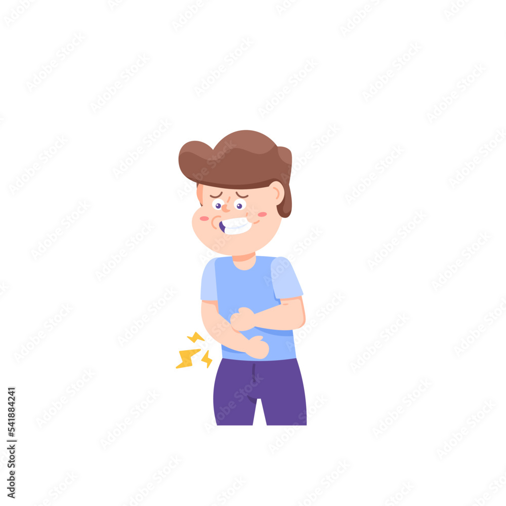 a boy is holding a tummy because it hurts. symptoms of heartburn, GERD, inflammation of the stomach and intestines. diseases of the organs or digestive system. stomachache or hunger. health problems
