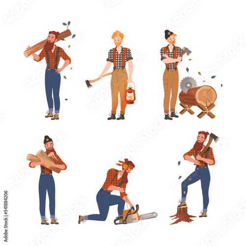 Lumberjack male characters cutting trees set. Loggers or woodcutters in workwear vector illustration