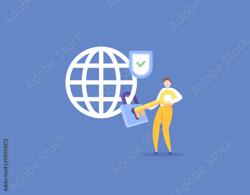 proxy, VPN or Virtual Private Network. open or access blocked websites. a user opens a lock using a key. security and protection system. network and internet technology. illustration concept design