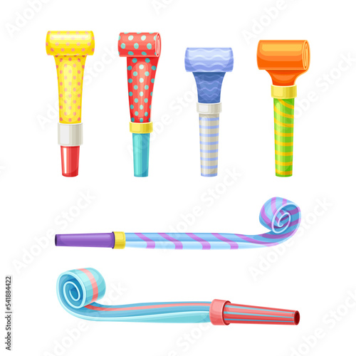 Party whistles set. Colorful bright toys, pipe blowers for festive event celebration cartoon vector illustration