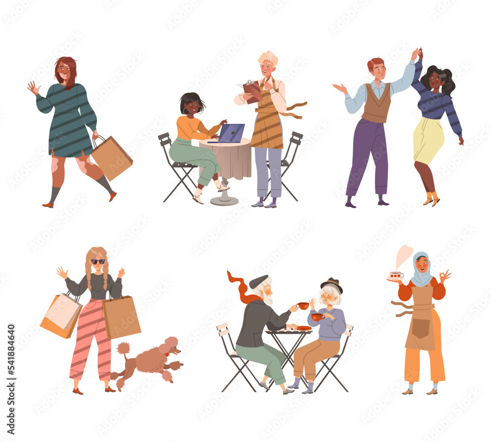 People walking and sitting in street cafe set vector illustration