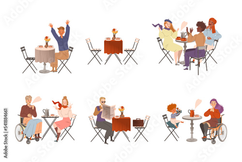 Various people sitting in cafe set. Romantic couple, friends, parents and kids drinking coffee and communicating vector illustration