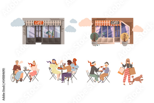 Various people sitting in street cafe set. Romantic couple, friends drinking coffee and communicating vector illustration