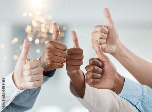 Slika na platnu Thumbs up, success hands and teamwork collaboration of office diversity team feeling job community