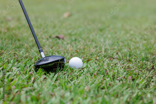 Golf club and golf ball on green grass,