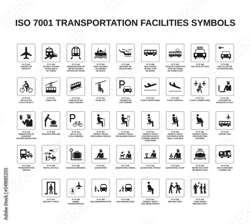 Fotografia set of iso 7001 transportation facilities symbols on white background