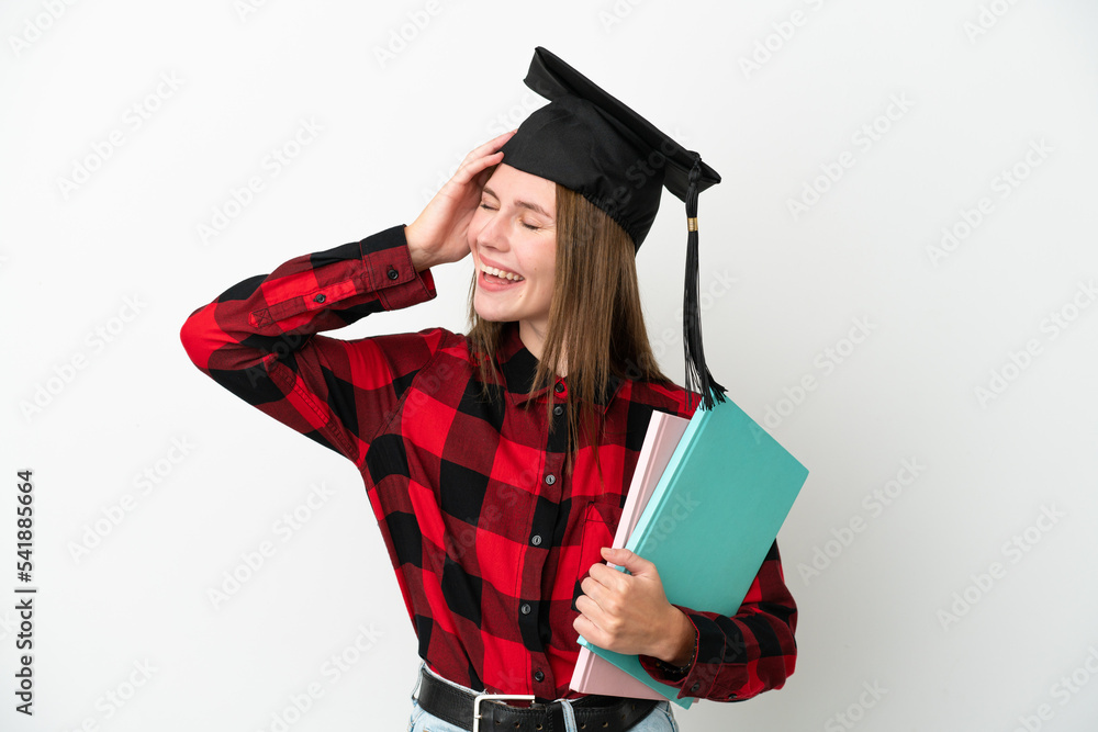 Young English student woman isolated on white background smiling a lot Young English student woman isolated on white background smiling a lot