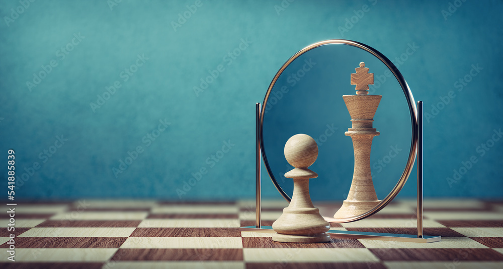 Pawn looking in the mirror and seeing a king. 3d illustration. - obrazy, fototapety, plakaty 