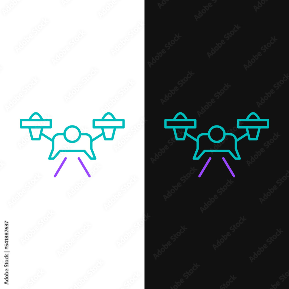 Line Drone flying icon isolated on white and black background. Quadrocopter with video and photo camera symbol. Colorful outline concept. Vector Line Drone flying icon isolated on white and black background. Quadrocopter with video and photo camera symbol. Colorful outline concept. Vector
