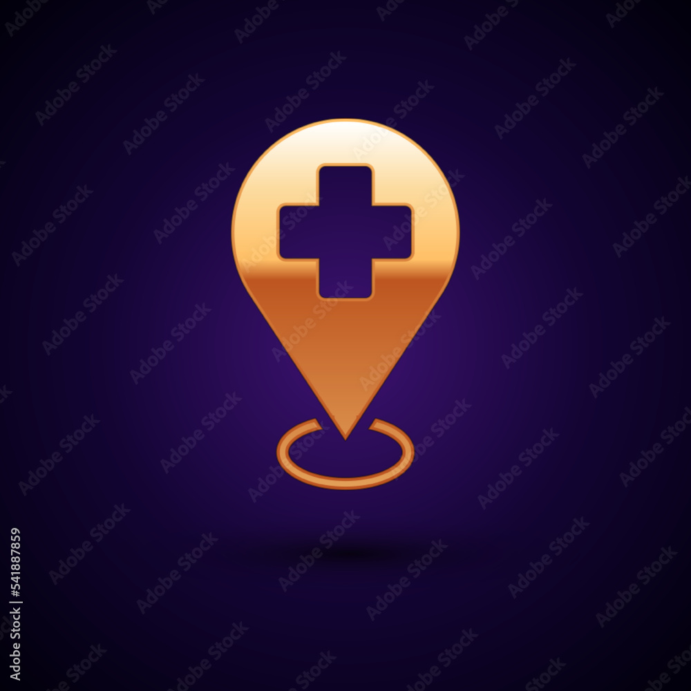 Gold Medical map pointer with cross hospital icon isolated on black background. Vector Gold Medical map pointer with cross hospital icon isolated on black background. Vector