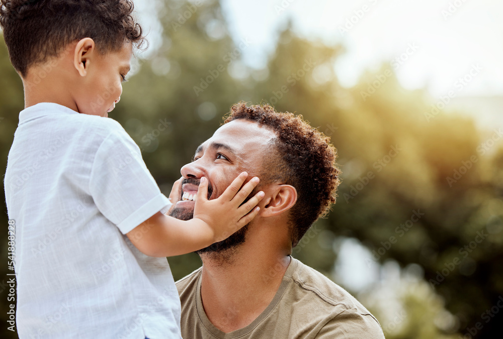 Dad, boy touch face in outdoor park or backyard for summer bonding, happiness together and sunshine. Father son, happy black man in nature for love smile and quality time with child - obrazy, fototapety, plakaty 