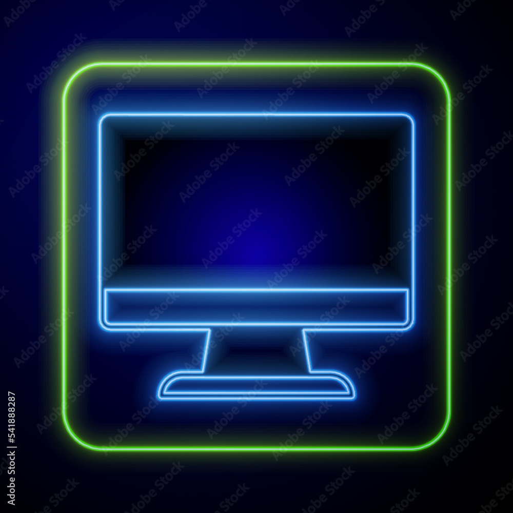 Glowing neon Computer monitor screen icon isolated on blue background. Electronic device. Front view. Vector Glowing neon Computer monitor screen icon isolated on blue background. Electronic device. Front view. Vector