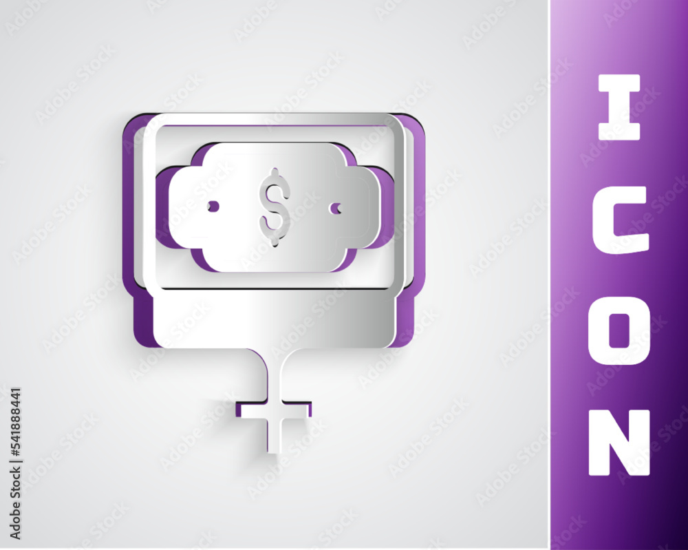 Paper cut Money growth woman icon isolated on grey background. Income ...