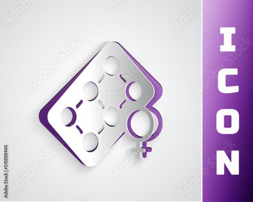 Paper cut Packaging of birth control pills icon isolated on grey background. Contraceptive pill. Paper art style. Vector