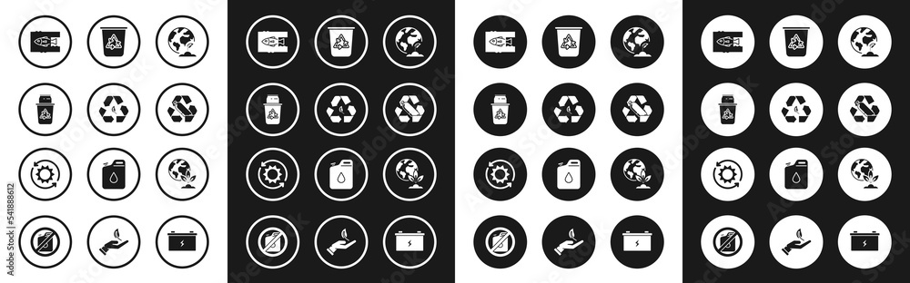 Set Earth globe and plant, Recycle symbol leaf, bin with recycle can, Stop ocean plastic pollution, Recycling bottle, and Solar energy panel icon. Vector Set Earth globe and plant, Recycle symbol leaf, bin with recycle can, Stop ocean plastic pollution, Recycling bottle, and Solar energy panel icon. Vector