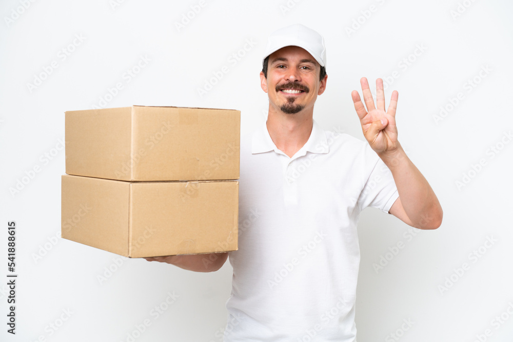 Delivery caucasian man isolated on white background happy and counting four with fingers Delivery caucasian man isolated on white background happy and counting four with fingers