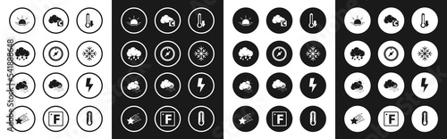 Set Thermometer, Wind rose, Cloud with rain, Sunrise, Snowflake, Celsius and cloud, Lightning bolt and Windy weather icon. Vector