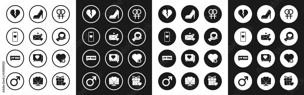 Set Female gender symbol, Envelope with heart, Mobile phone, Broken or divorce, Heart hand, Woman shoe high heel, and Speech bubble I love you icon. Vector Set Female gender symbol, Envelope with heart, Mobile phone, Broken or divorce, Heart hand, Woman shoe high heel, and Speech bubble I love you icon. Vector