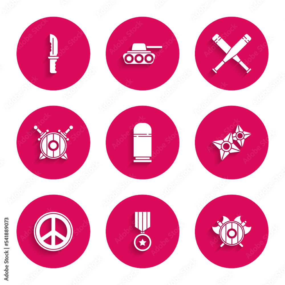 Set Cartridges, Military reward medal, Medieval shield with crossed axes, Japanese ninja shuriken, Peace, Wooden swords, Crossed baseball bat and knife icon. Vector Set Cartridges, Military reward medal, Medieval shield with crossed axes, Japanese ninja shuriken, Peace, Wooden swords, Crossed baseball bat and knife icon. Vector