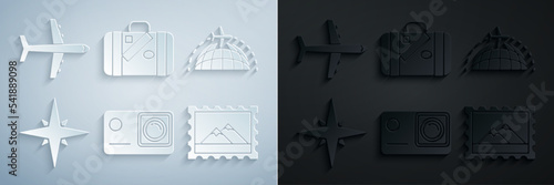 Set Action extreme camera, Globe with flying plane, Wind rose, Postal stamp and Mountains, Suitcase for travel stickers and Plane icon. Vector