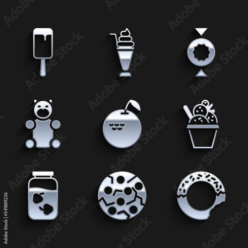Set Apple, Cookie or biscuit, Donut, Ice cream in bowl, Strawberry jam jar, Jelly bear candy, Candy and icon. Vector