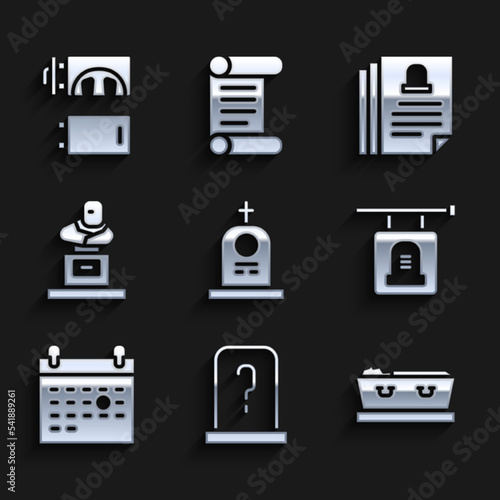 Set Grave with tombstone, Coffin dead, Signboard, Calendar death, Death certificate and Crematorium icon. Vector