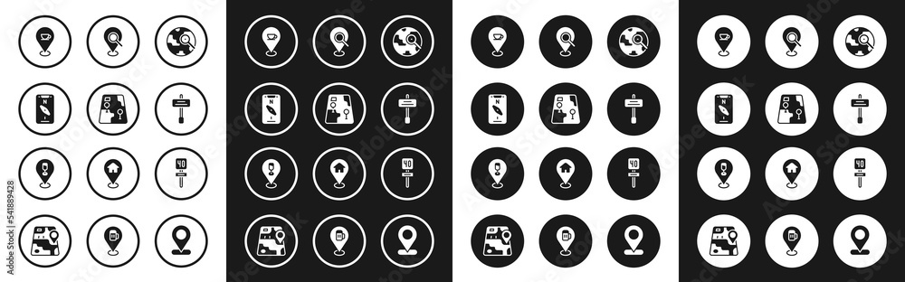 Set Magnifying glass with globe, City map navigation, Compass mobile, Location coffee cup, Road traffic sign, Search location, and Alcohol or beer bar icon. Vector Set Magnifying glass with globe, City map navigation, Compass mobile, Location coffee cup, Road traffic sign, Search location, and Alcohol or beer bar icon. Vector