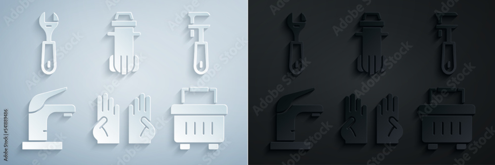 Set Rubber gloves, Pipe adjustable wrench, Water tap, Toolbox, filter and Wrench spanner icon. Vector Set Rubber gloves, Pipe adjustable wrench, Water tap, Toolbox, filter and Wrench spanner icon. Vector