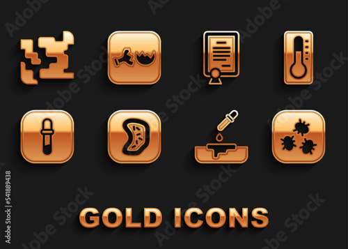 Set Bacteria, Medical thermometer, Petri dish with pipette, Pipette, Certificate template, Gaseous and Broken flask icon. Vector