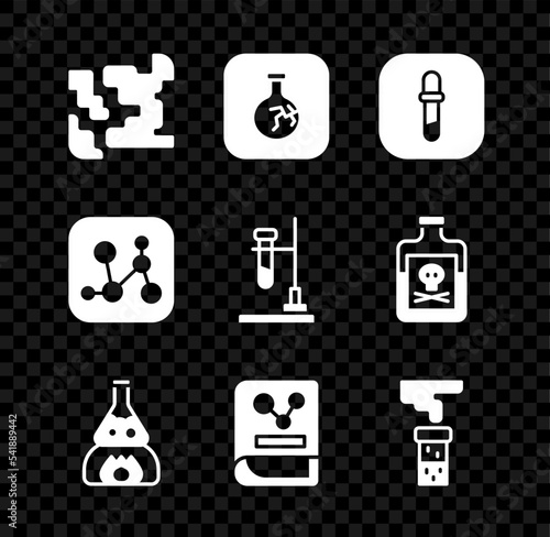 Set Gaseous, Cracked flask, Pipette, Test tube on fire, Chemistry book, and, Chemical formula and icon. Vector