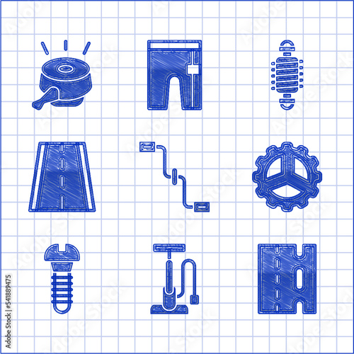 Set Bicycle pedals, air pump, lane, sprocket crank, Metallic screw, suspension and bell icon. Vector