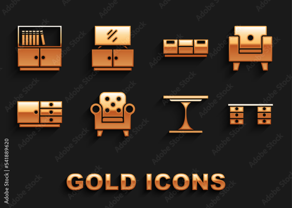 Set Armchair, Office desk, Round table, Chest of drawers, Furniture nightstand, Library bookshelf and TV icon. Vector Set Armchair, Office desk, Round table, Chest of drawers, Furniture nightstand, Library bookshelf and TV icon. Vector