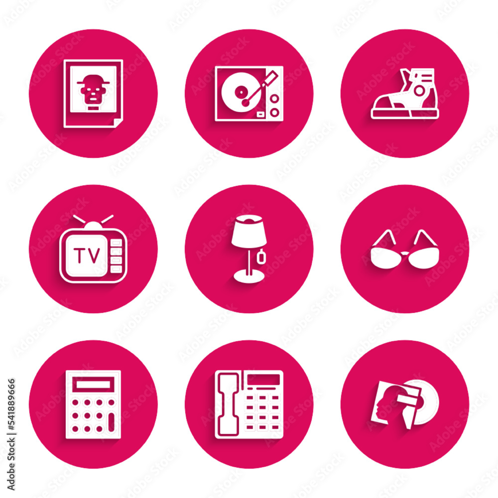 Set Floor lamp, Telephone handset, Vinyl disk, Glasses, Calculator, Retro tv, Sport sneakers and Photo icon. Vector Set Floor lamp, Telephone handset, Vinyl disk, Glasses, Calculator, Retro tv, Sport sneakers and Photo icon. Vector