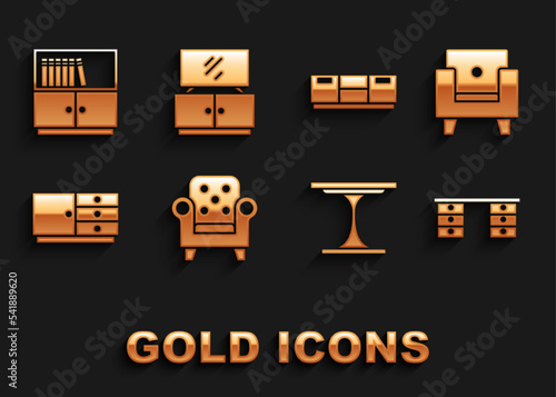 Set Armchair, Office desk, Round table, Chest of drawers, Furniture nightstand, Library bookshelf and TV icon. Vector