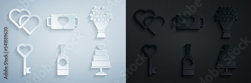 Set Champagne bottle, Bouquet of flowers, Key in heart shape, Wedding cake with, Two coffee cup and and Linked Hearts icon. Vector