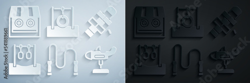 Set Jump rope, Hopscotch, Gymnastic rings, Swing plane, Car tire hanging on and Shooting gallery icon. Vector