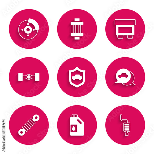 Set Car with shield, Canister for motor oil, muffler, service, Shock absorber, Chassis car, Fuse and brake disk caliper icon. Vector