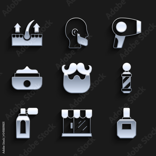 Set Mustache and beard, Barbershop building, Aftershave, Classic pole, with atomizer, Gel or wax for hair styling, Hair dryer and Human follicle icon. Vector