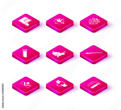 Set Trap hunting, Moose horns on shield, Quiver with arrows, Rabbit, Bow and quiver, Hunting gun, deer crosshairs and duck icon. Vector