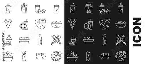 Set line Pizza, Ice cream, Nachos in plate, Paper glass with drinking straw and hotdog, donut, Slice of pizza, water and Food ordering icon. Vector