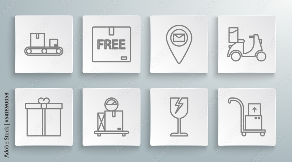 Set line Gift box, Cardboard with free symbol, Scale cardboard, Fragile broken glass, Hand truck and boxes, Placeholder on map paper, Scooter delivery and Conveyor belt icon. Vector Set line Gift box, Cardboard with free symbol, Scale cardboard, Fragile broken glass, Hand truck and boxes, Placeholder on map paper, Scooter delivery and Conveyor belt icon. Vector