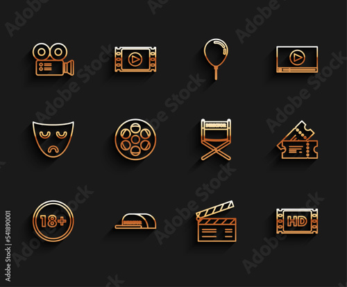 Set line Under 18 years, Cap with inscription director, Cinema camera, Movie clapper, 4k movie, tape, frame, Film reel, ticket and Director chair icon. Vector