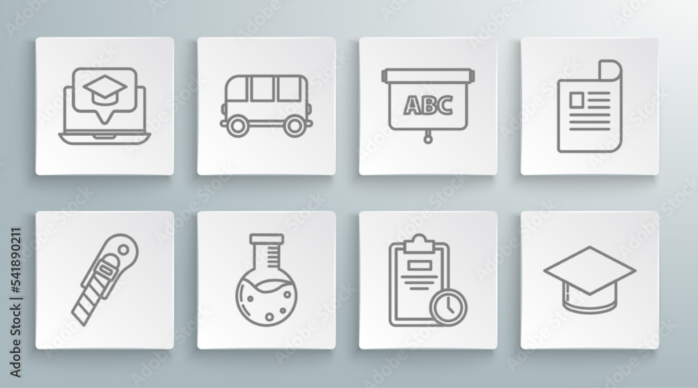 Set line Stationery knife, School Bus, Test tube and flask chemical laboratory, Exam sheet with clock, Graduation cap, Chalkboard, Document and screen laptop icon. Vector Set line Stationery knife, School Bus, Test tube and flask chemical laboratory, Exam sheet with clock, Graduation cap, Chalkboard, Document and screen laptop icon. Vector