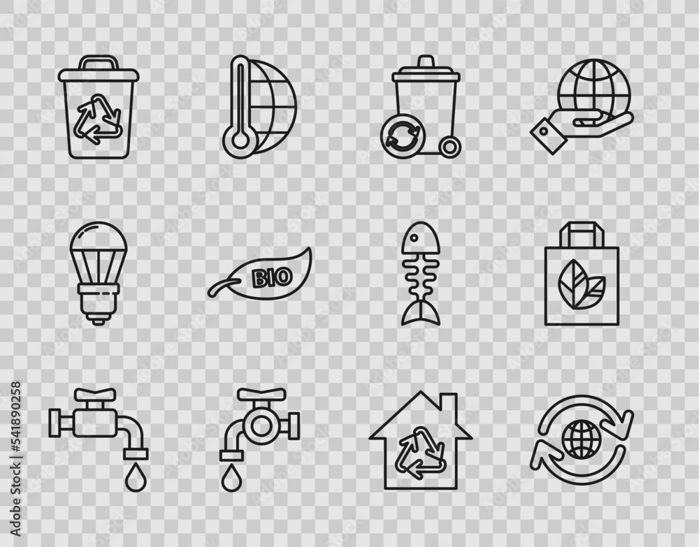 Set line Water tap, Planet earth and recycling, Recycle bin with recycle symbol, Leaf Bio, Eco House and Paper shopping bag icon. Vector Set line Water tap, Planet earth and recycling, Recycle bin with recycle symbol, Leaf Bio, Eco House and Paper shopping bag icon. Vector