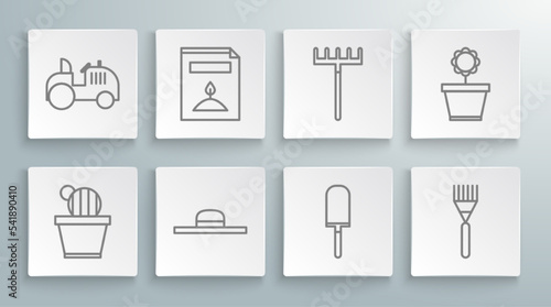 Set line Cactus and succulent in pot, A pack full of seeds of specific plant, Worker hat, Garden trowel spade shovel, rake, Flower and Tractor icon. Vector