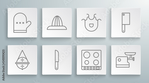 Set line Ball tea strainer, Citrus fruit juicer, Knife, Gas stove, Kitchen meat grinder, apron, Meat chopper and Oven glove icon. Vector