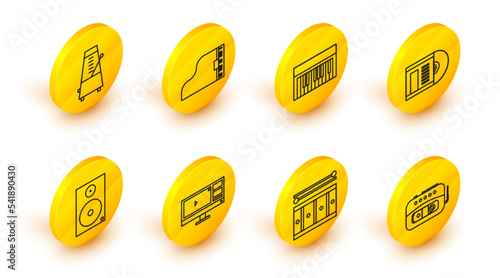 Set line Music tape player, Drum with drum sticks, Video recorder or editor software on monitor, Stereo speaker, Vinyl disk, synthesizer, Grand piano and Metronome pendulum motion icon. Vector