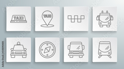 Set line Taxi car, Map pointer with taxi, Compass, Car, Tram and railway, roof, Trolleybus and icon. Vector